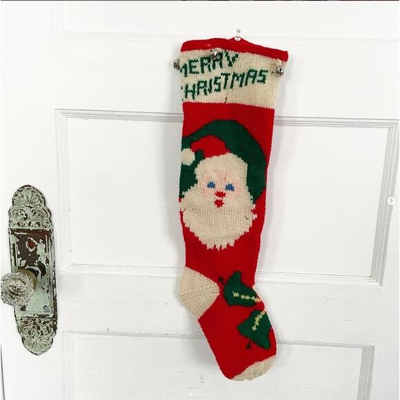 VINTAGE Handmade Stocking LINDA Santa Merry Christmas Angora IMPERFECT Holes - Picture 1 of 6